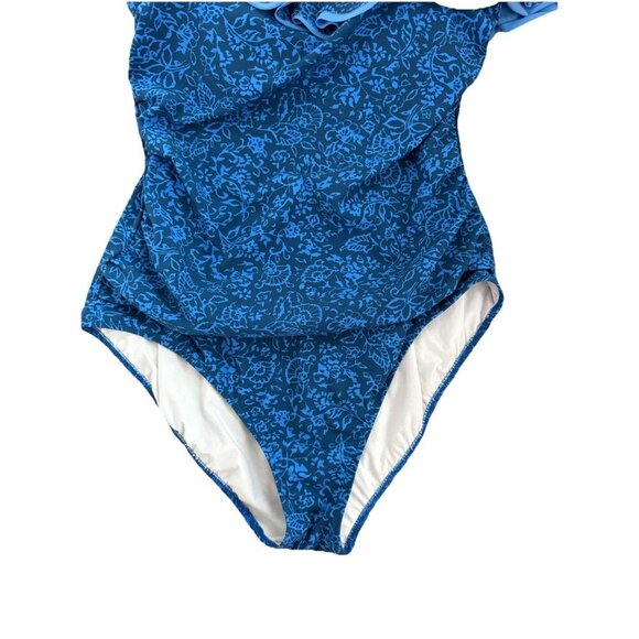 Profile By Gottex Petrol Blue Mehndi One Shoulder Ruffle Swimsuit Womens Size 14 - Picture 7 of 16